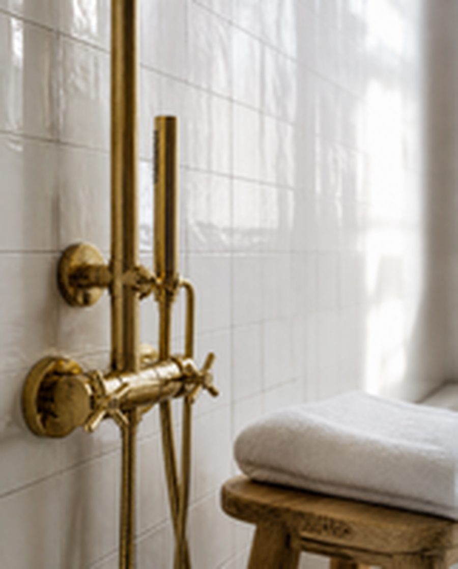 A polished brass shower tap against white tiles