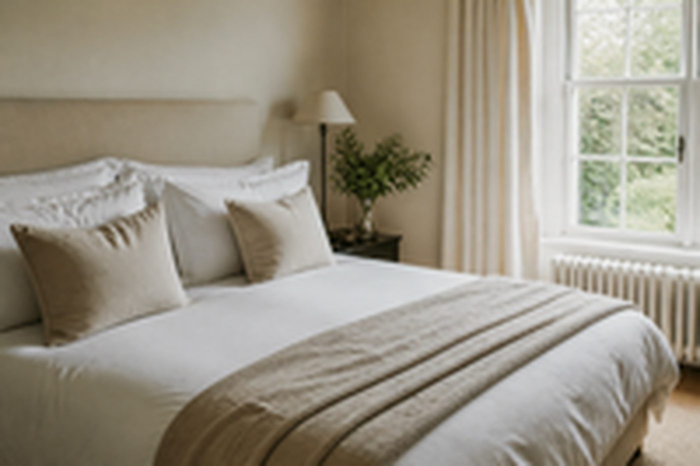 A freshly made bed with white linen