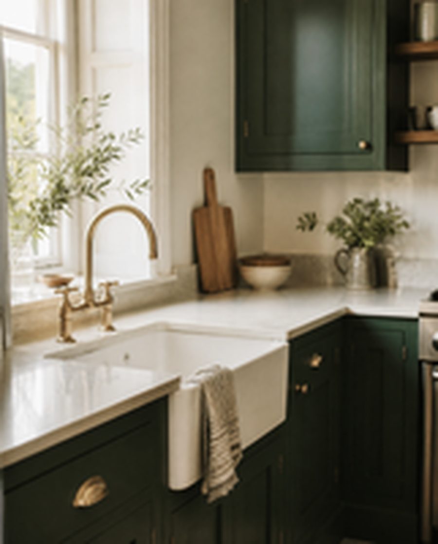 A clean kitchen with green cabinets and a brass tap